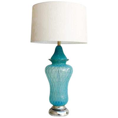 Vintage Hollywood Regency Turquoise Quilted Murano Glass Table Lamp