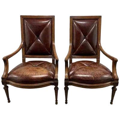Pair of 18th C Style Hendrix Allardyce Tufted Leather Giltwood Arm Chairs