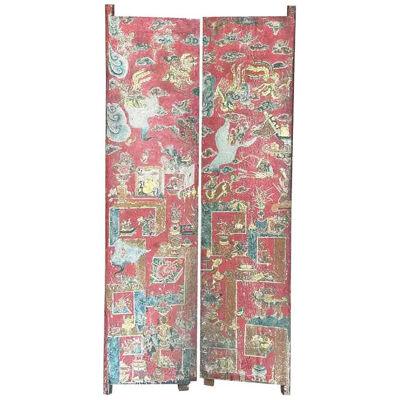 Antique Chinese Scenic Painted Carved Wood Doors, 19th Century