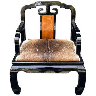Vintage Chinese Ming Style Black Lacquer & Cowhide Arm Chair, Mid-20th Century