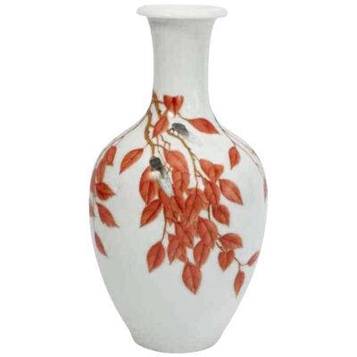 Antique Chinese Porcelain Insect Vase with Red Leaves