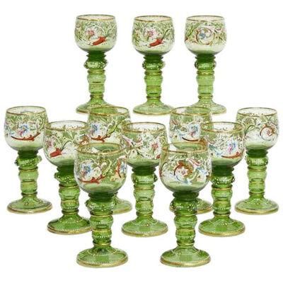 Set of 10 Moser Enameled Green Glass Roemers Wine Stems, Myers Neff Decorated