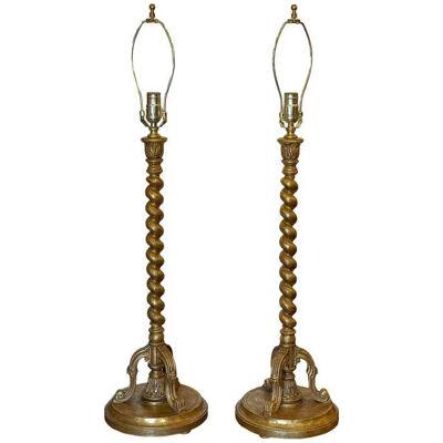 Pair of 19th C Style Giltwood Venetian Rope Table Lamp by Randy Esada Designs
