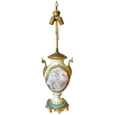 Antique French Porcelain & Gilt Bronze Serves Style Scenic Vase Table Lamp