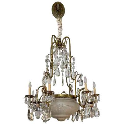 Antique Victorian Brass & French Crystal Chandelier, 19th Century