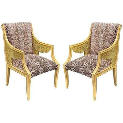 Pair of Egyptian Style Winged Neoclassical Giltwood Arm Chair W Cheetah Velvet