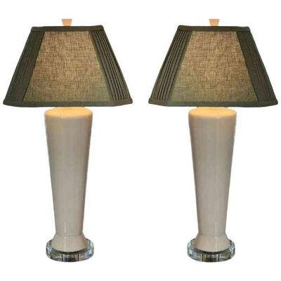 Pair of White Pottery Table Lamps with Custom Made Linen Shades, 1960's