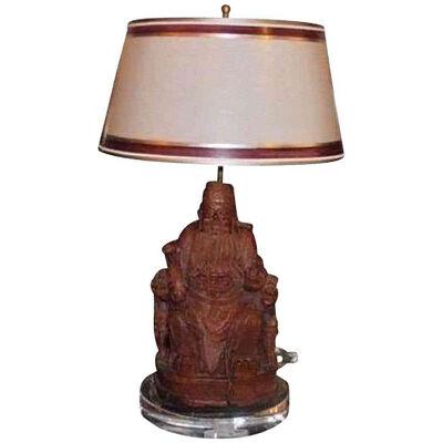 Antique Chinese Carved Wood Buddha Sculpture Lamp