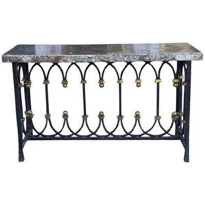1920’s Art Deco Wrought Iron & Bronze Console Table W Later Fossil Stone Marble