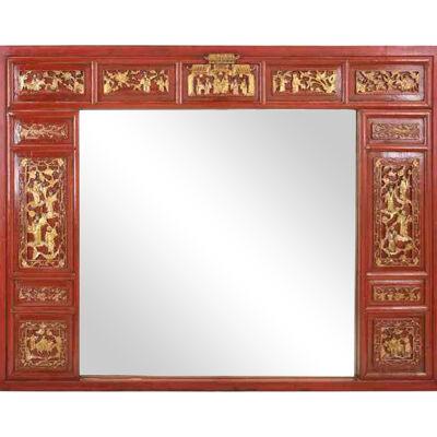 Antique Red & Gold Chinese Temple Carving Mirror, Early 20th Century