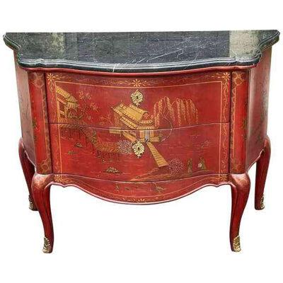 19th Century Style E. J. Victor Red Chinoiserie & Black Marble Commode, 1990s