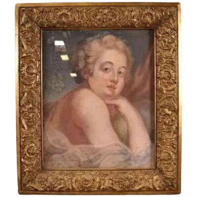 Antique 18th C Pastel Portrait Painting in Giltwood Frame
