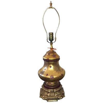 Vintage Eglomese French Art Glass & Gilt Bronze Table Lamp, Early 20th Century