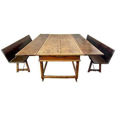 Antique French Country Farmhouse Extension Table & Bench Seating, 18th Century