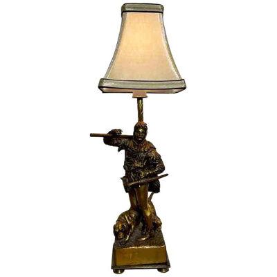 Petite Antique Eugene Barillot Bronze Renaissance Man & Dog Sculpture Lamp