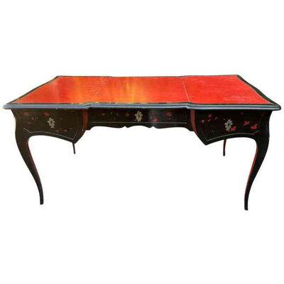 Antique Chinoiserie Black Lacquer Red Leather Bureau Plat Writing Table Desk