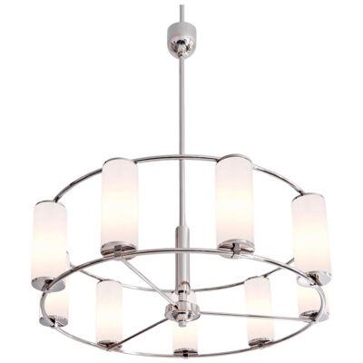Modernist Circular 9-Light Chandelier, Plated Brass with Opal Glass Cylinders