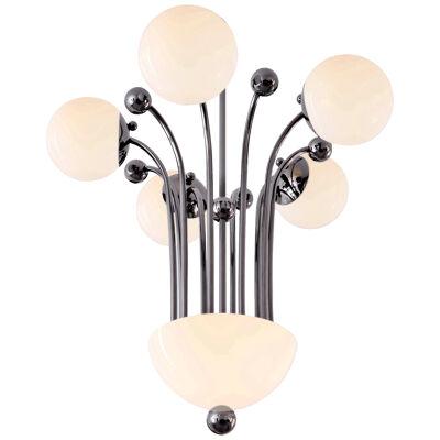 Ceiling Lamp with 6 Lights, Plated Brass, Opal Glass, Customizable
