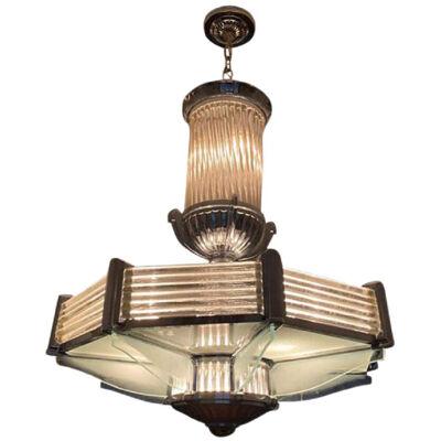 French Art Deco Nickeled Bronze and Glass Chandelier by Atelier Petitot
