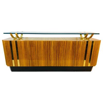 HIGH END MODERN EXOTIC WOOD AND BRASS AND GLASS SIDEBOARD BY LEON ROSEN