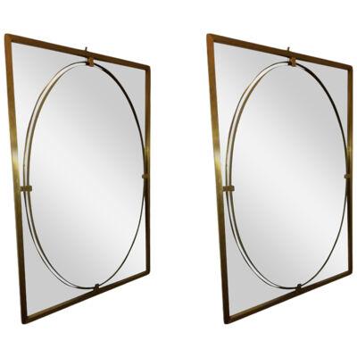 Italian Modern Floating Oval Brass Mirrors - a Pair