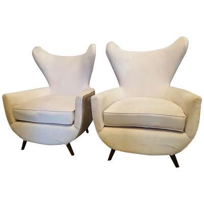21st C. Italian Modern Cream Upholstered Lounge Chairs - a Pair
