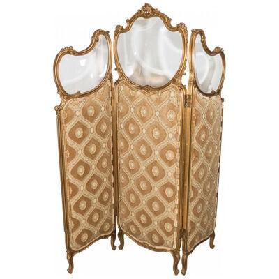 French Art Nouveau Gilt Wood Trifold Room Screen With Beveled Glass