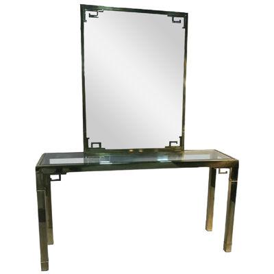 Stunning Solid Brass Italian Mirror and Console Table With Greek Key Design