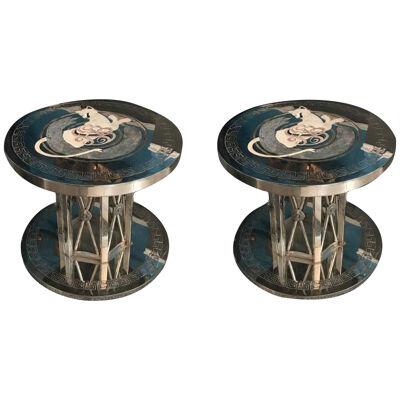 Nickeled Bronze Greek Key Design Inlaid Stone Modern Tables - a Pair