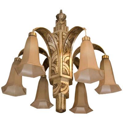 Frosted Glass Shades Art Deco Silvered Bronze Chandelier