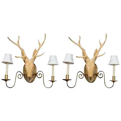 Fantastic Surrealist Deer Head Sconces in the Manner of Lalanne - a Pair	