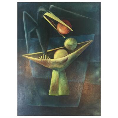 1940s Cubist Oil Painting of Black Bird With Bowl of Fruit
