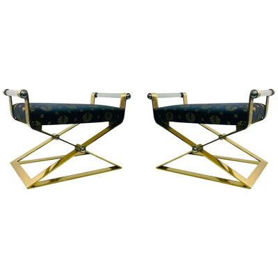 EXCEPTIONAL MODERN PAIR OF BRASS AND LUCITE BENCHES