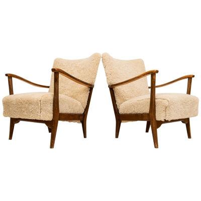 Pair of Easy Chairs DUX in Sheepskin, Sweden, 1950s