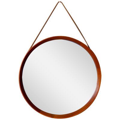 Midcentury Round Mirror in Leather and Teak by Glas & Trä Hovmantorp in Sweden
