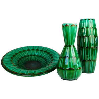 Midcentury Green Large Ceramic Vases and Platter/Bowl Upsala Ekeby "Capri" 1950s