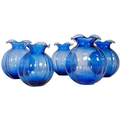 Midcentury Set of 5 Blue Vases Johansfors, Sweden, 1950s