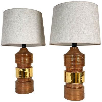 Midcentury Pair of Large Brass Bergboms Bitossi Table Lamps, 1960s, Sweden