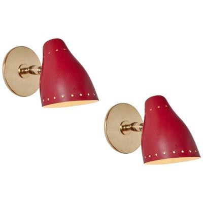 Pair of 1950s Red Perforated Sconces Attributed to Jacques Biny