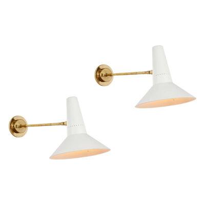 Pair of Large 1950s Giuseppe Ostuni White Articulating Arm Sconces for O-Luce