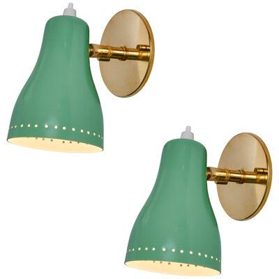 Pair of 1950s Green Perforated Sconces Attributed to Jacques Biny