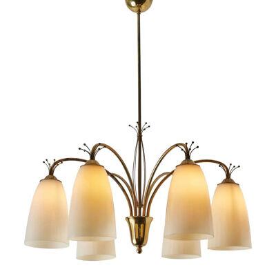 Large 1950s Mauri Almari 6-Arm Chandelier in the Manner of Paavo Tynell