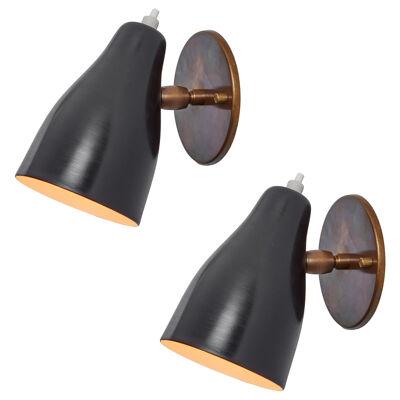 Pair of 1960s Black Wall Lamps Attributed to Jacques Biny