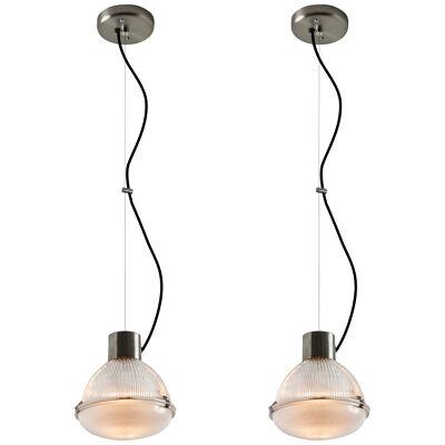 Pair of 1960s Tito Agnoli Glass & Metal Suspension Lamps for O-Luce