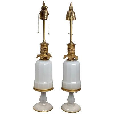 Pair of French White Opaline and Ormolu Oil Lamps, Circa 1840