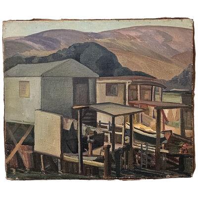 Early 20th Century Oil on Canvas Painting of Marin Houses by W. F. Rauschnabel