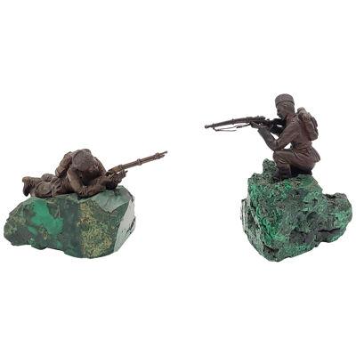 Pair of Russian Bronze Soldiers Mounted on Malachite, Early 20th Century