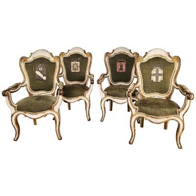4 Swedish Baroque Armchairs with armorial upholstery. Circa 1750