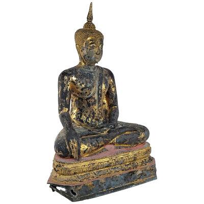 Very Large Seated Buddha in Bronze with Gilt Lacquer
