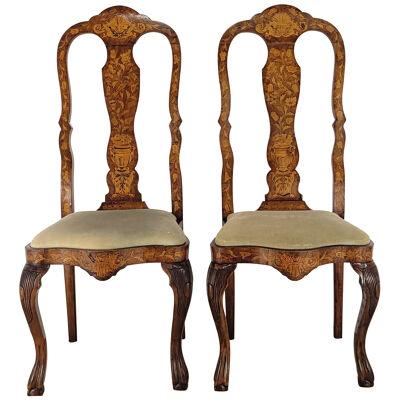 Pair of Dutch Baroque Walnut Inlaid Chairs, circa 1780
